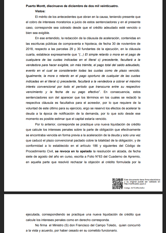 Corte de Puerto Montt fija criterio sobre intereses moratorios y cláusulas de aceleración
